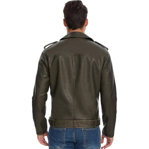 Men Black Faux Leather Biker Jacket Slim Fit Motorcycle Bomber Zip Up Coat - Picture 3 of 5